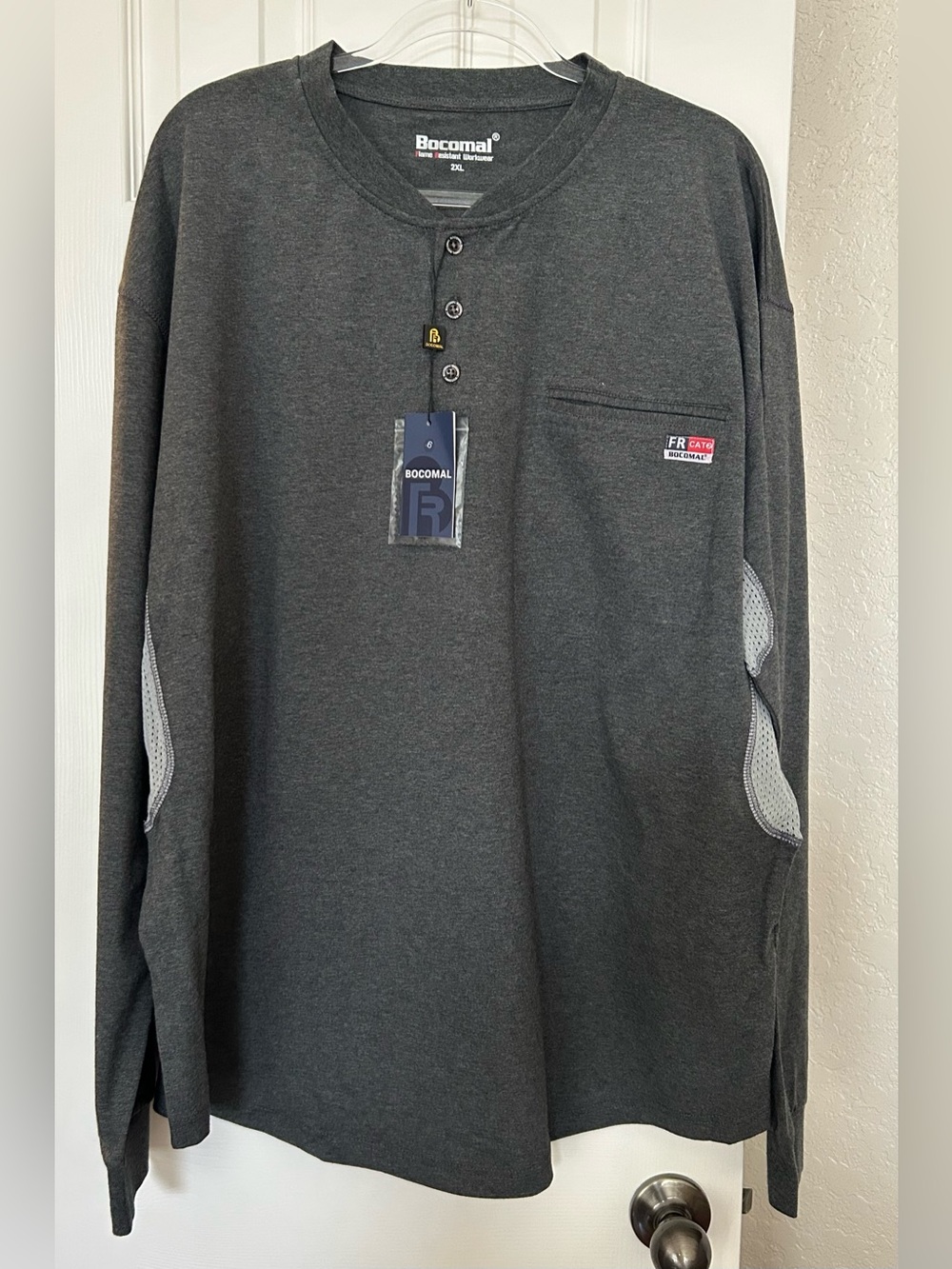 Bocomal Men's Long-Sleeve Flame Resistant Henley Shirt - Charcoal